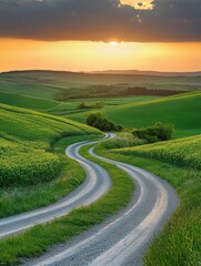 Sunset over winding country road with lush green fields and hills in the background