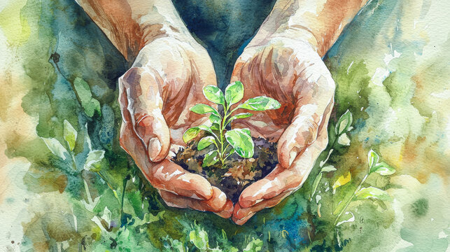 Watercolor Illustration of Hands Holding Small Sprouting Plant in Nature Scene. Concept of Growth, Environmental Care, New Beginnings, Sustainable Future