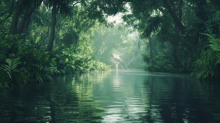 Obraz premium Lush green jungle river scene with mist.