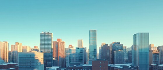 Fototapeta premium City skyline at sunrise, winter scene. Urban panorama, website banner