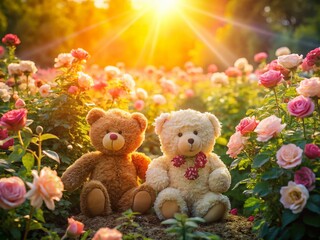 Fototapeta premium Adorable Teddy Bear Couple Amidst Blooming Roses in a Lush Garden - Aerial View