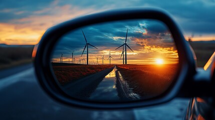 Scenic Sunset View Wind Turbines Rural Road Reflection Car Mirror Golden Hour Landscape Photography Nature Energy Clean Power Sustainable Alternative 