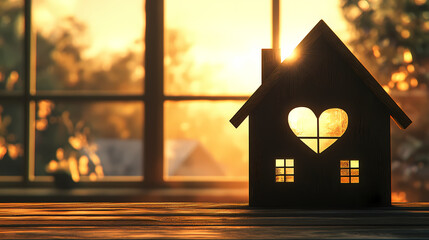A wooden house silhouette with a heart cutout, positioned on a wooden surface, against a backdrop of a sunlit window overlooking a blurred natural scene. Dream - Clouds. Illustration