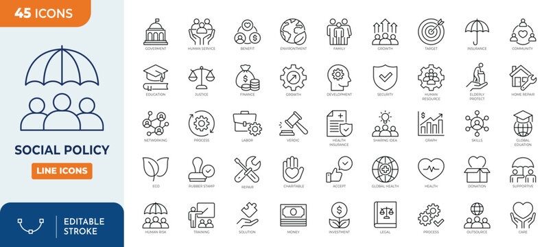 Social Policy Icons set. Containing education, reform, services, welfare, health care, legislation, society, and more. Outline Icon Collection. Vector illustration. Editable stroke