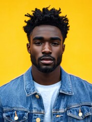 Young man poses confidently against a vibrant yellow backdrop while wearing a denim jacket and showcasing a stylish look