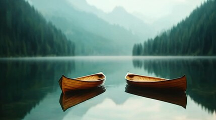   A few tiny vessels bobbing atop a serene lake surrounded by a dense, pine-covered mountaintop