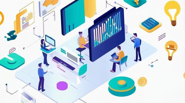 Teamwork, Data Analysis, and Business Growth: An Isometric Illustration