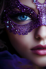 Masquerade Mystery: A closeup portrait of a woman with blue eyes, wearing a glittering purple masquerade mask, exudes an air of mystery and allure