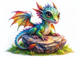 Adorable Watercolor Dragon Clipart, Fantasy Aerial View, Drone Photography