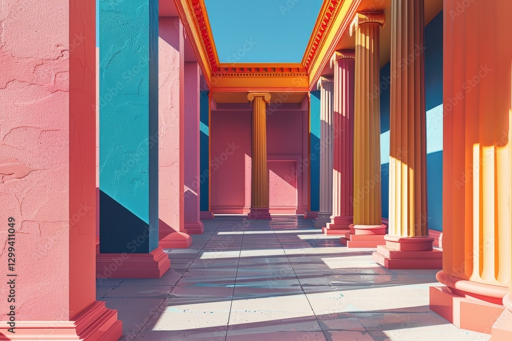 Aufkleber a brightly colored colonnade of columns in a sunny afternoon, experiment with different color palett