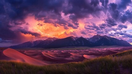 Sunset over sand dunes and mountains in a vast desert landscape