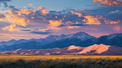 Obraz premium Sunset over sand dunes and mountains in a vast desert landscape