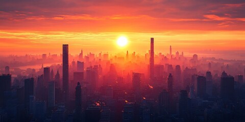 Fototapeta premium Cityscape sunrise, hazy skyline, urban dawn