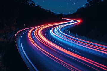 Night road with vibrant light trails of cars curving through the dark landscape under a starry sky.