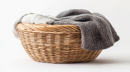 Cozy winter scene with wicker basket and knitted blankets for interior inspiration