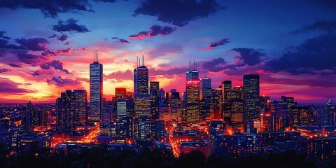 Obraz premium Cityscape sunset, vibrant skyline, night lights, urban panorama, wallpaper