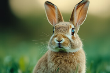 Fototapeta premium A fluffy rabbit sits amidst a vibrant patch of grass, its ears standing tall and alert. The soft sunlight gently illuminates its fur, creating a serene atmosphere. Nature thrives around it