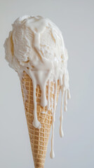 Melting vanilla ice cream cone close-up for summer dessert design