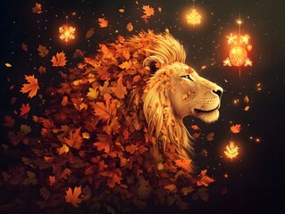 Majestic Lion Surrounded by Fiery Autumn Leaves in Enchanting Forest