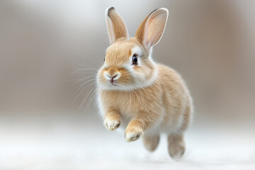 Obraz premium A playful rabbit leaps joyfully through the air, its soft, fluffy fur glistening under soft light