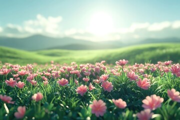Fototapeta premium Pink flowers bloom in a vibrant field under a bright sun, set against a backdrop of rolling green hills and a clear blue sky.