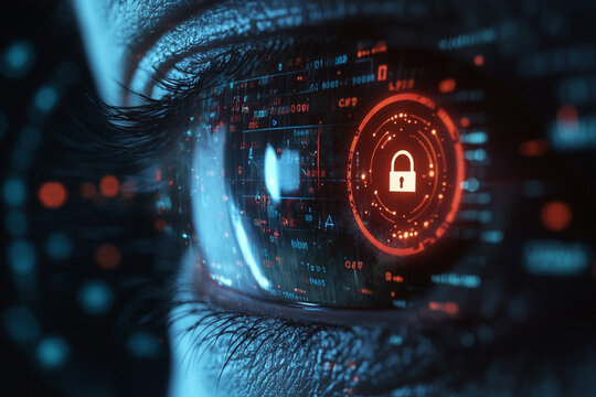 Eye scans digital interface with security and password protection icons - Powered by Adobe