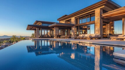Obraz premium Luxury modern home with infinity pool and mountain view.
