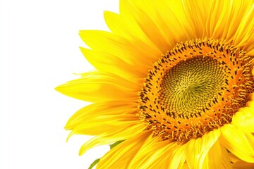 Close-up of a vibrant yellow sunflower, showcasing its intricate details and bright petals against a white background.