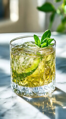 Refreshing kiwi elderflower lemonade served in a sleek glass on marble