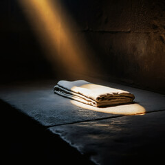 Folded linen cloth illuminated by a golden beam of light in a dark stone room, evoking themes of resurrection and mystery