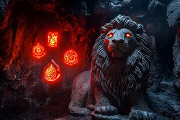 Fierce Mythical Lion Guarding Fiery Volcanic Cave Lair