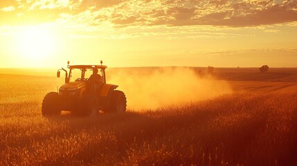 Fototapeta premium Smiling farmer driving tractor at sunset in golden wheat field