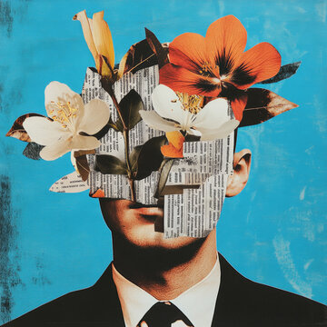 Mid-century collage art blending abstract elements with a man's headshot