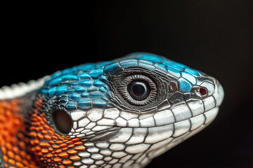Close-up of a lizard's head. The lizard is staring into the camera, with detailed scales and a curious expression.