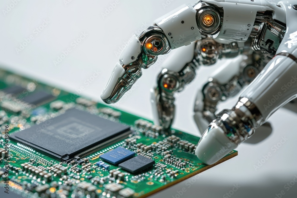 Poster a robotic hand delicately interacts with a circuit board, showcasing advancements in automation and 