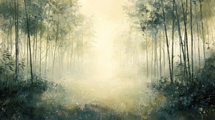 Misty forest path at sunrise, painting.