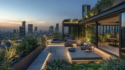 Fototapeta premium Modern rooftop terrace with city view at dusk.