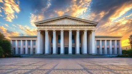 Obraz premium Majestic neoclassical building at sunrise.
