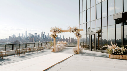 Beautiful rooftop wedding venue with city skyline backdrop