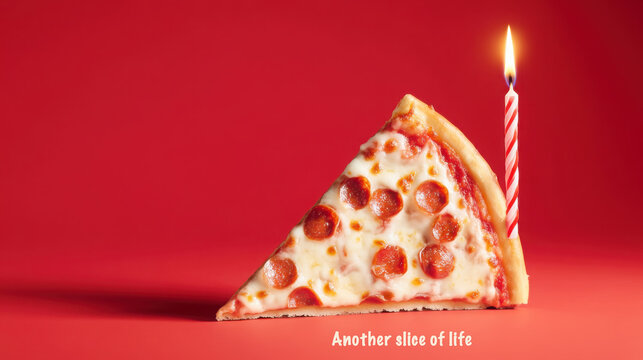 Birthday celebration with pepperoni pizza slice and candle: whimsical greeting card design - Powered by Adobe