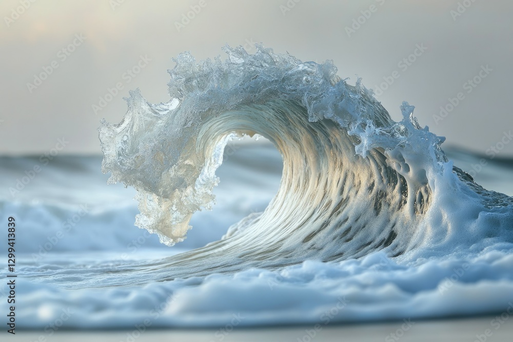 Poster a majestic ocean wave curls, showcasing its translucent, frothy structure in a breathtaking display 