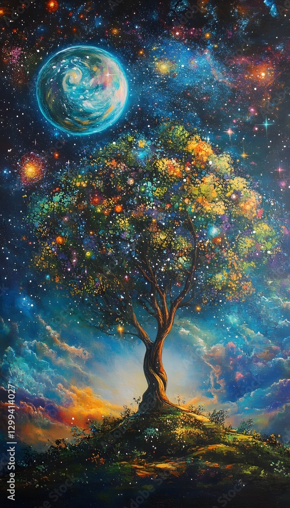 Poster an imaginative tree reaching towards a distant planet in space