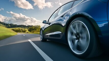 A sleek blue car speeding along a scenic road surrounded by lush greenery and a bright sky