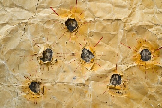 A close-up view of a paper target with multiple bullet holes forming a pattern, shot at an indoor range, A set of bullet holes forming a pattern on a paper target
