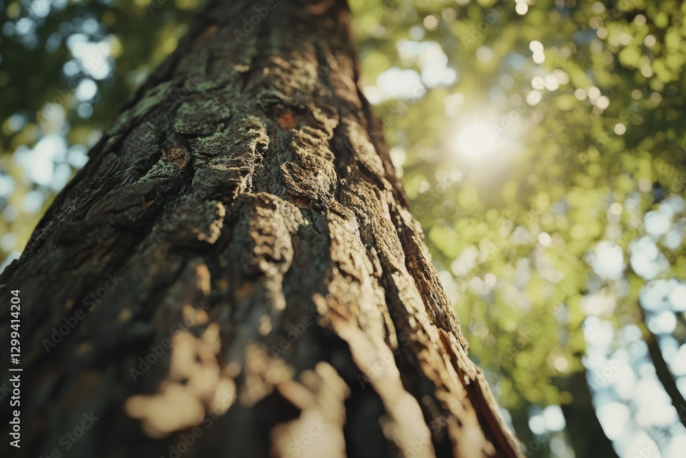 Poster a close-up view of a tree trunk, sunlight filtering through leaves above.