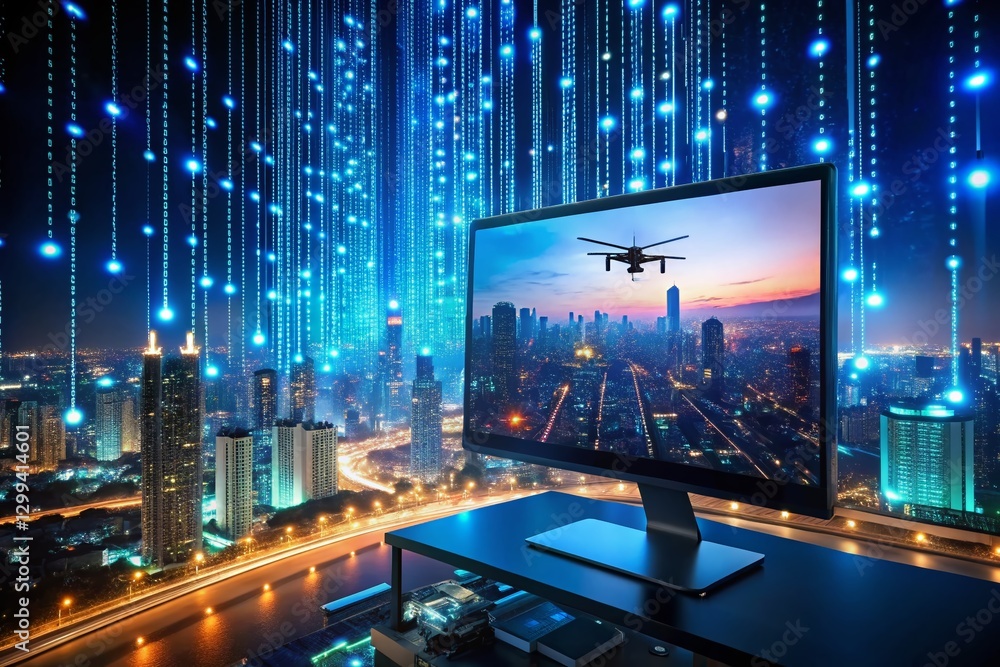Poster aerial drone view of city at night, digital binary code on screen