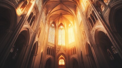 Fototapeta premium Sunlit Gothic cathedral interior, high arches, stained glass.