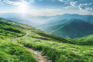 Fototapeta premium A scenic view of a winding trail leading through a lush, green mountain landscape, A serene mountain landscape with a winding trail leading into the distance