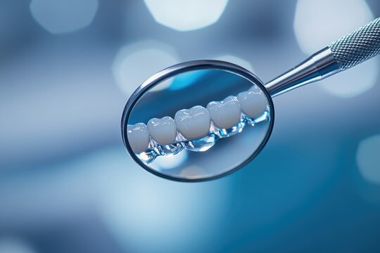 Dental mirror reflects a row of artificial teeth, showcasing dental restoration or cosmetic dentistry.