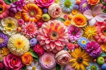 Fototapeta premium Aerial Drone View of Vibrant Blossoming Flowers, Spring Floral Composition, Light Background, Generative AI Illustration